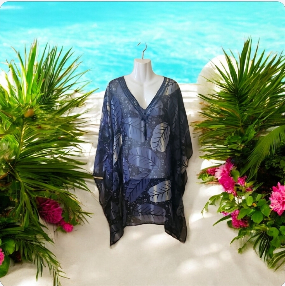 Signature Blue Beaded Beach Cover Up OS Sheer Femine